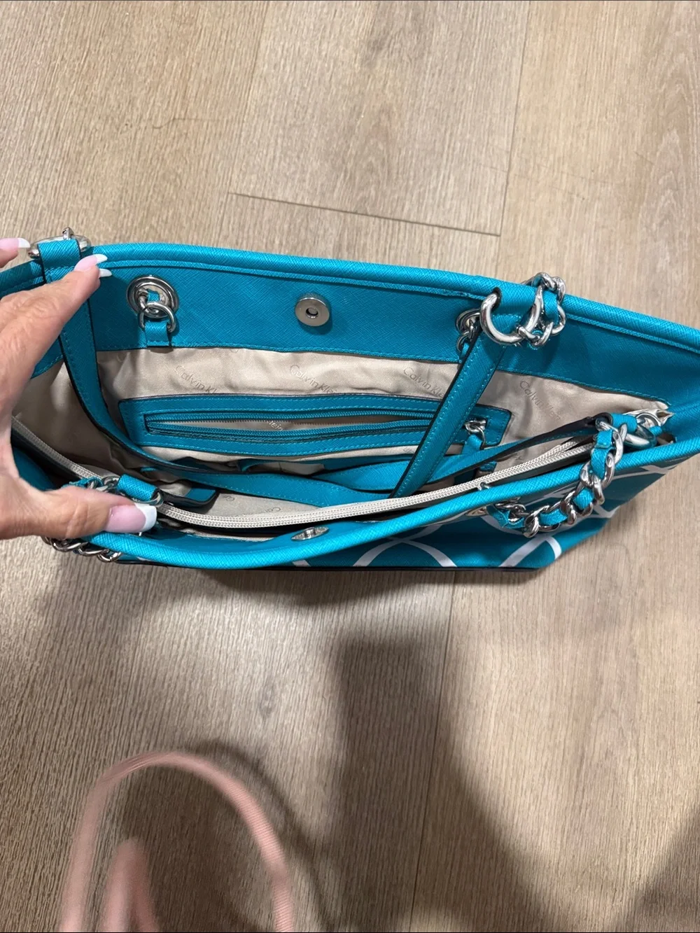 Calvin Klein Teal Tote with White Lattice Pattern